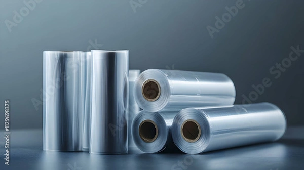 Obraz Rolls of Transparent Stretch Wrap Film on Grey Background for Packaging and Shipping Uses, Versatile Stretch Film for Protection, Storage, and Transportation Solutions