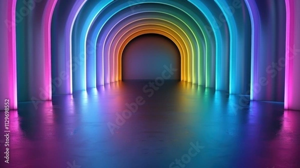 Fototapeta Explore the vibrant glow of multicolored neon lamps illuminating a dark tunnel with stunning reflections on the walls.