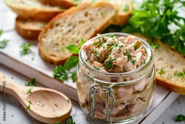 Fototapeta Close up of white board with tuna pate or rillettes on baguette glass jar of fish rillettes