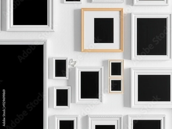 Obraz A mockup of a photo frame gallery wall with various frames in different sizes and styles on a white wall, white, sizes, mockup