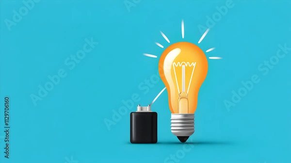 Fototapeta A simplistic illustration of an electric bulb with a wire connected to a battery, representing energy. Electric bulb and battery.