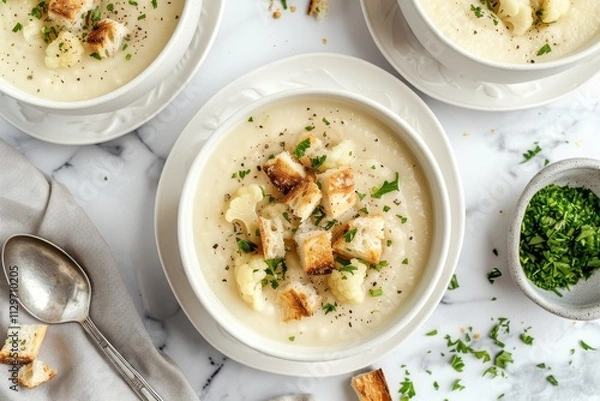 Fototapeta Creamy cauliflower soup with bread croutons on white marble Vegetarian winter meal ideas Copy space