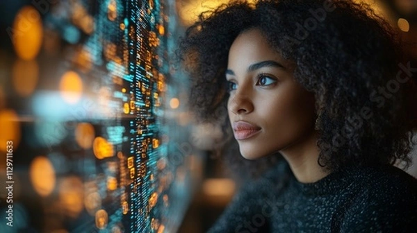 Fototapeta Young woman engaging with AI-driven fintech platform while analyzing credit data in a modern setting