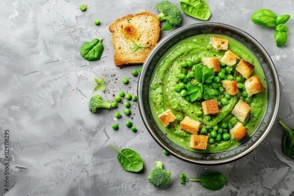 Fototapeta Delicious vegetarian spring summer vegetable soup with toast and croutons on light background