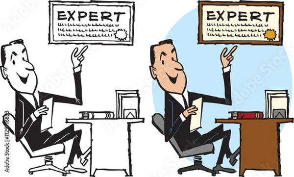 Obraz A vintage retro cartoon of a businessman sitting at his desk pointing to the plaque that declares him an expert. 