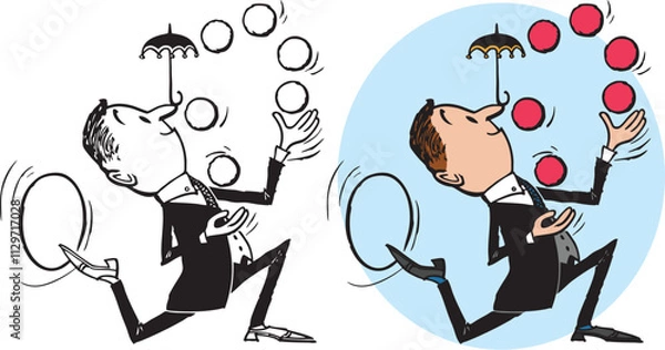 Obraz A vintage retro cartoon of a businessman juggling several tasks at once. 