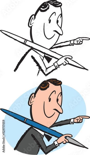 Obraz A vintage retro cartoon of a businessman holding an oversized writing pen and pointing. 
