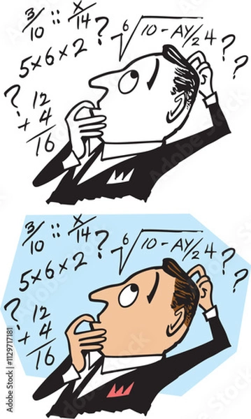 Obraz A vintage retro cartoon of a businessman trying to solve a math equation. 