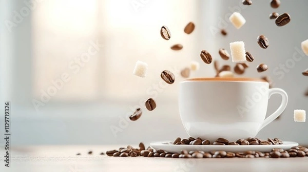 Fototapeta A floating coffee scene with beans and sugar cubes.