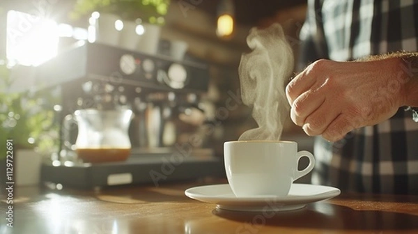 Fototapeta A steaming cup of coffee being prepared on a cafe counter.