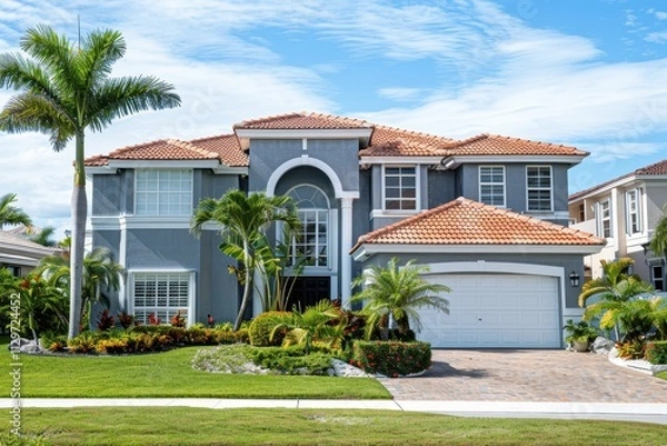 Fototapeta Elegant house with gray walls white details red tiled roof tropical garden palm trees driveway and garage