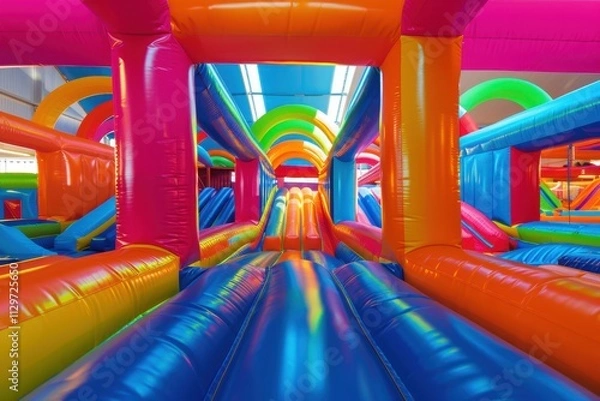 Fototapeta Empty obstacle course made of inflatables for jumping and fun