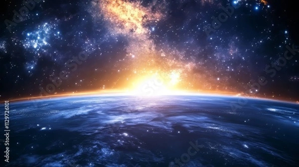 Fototapeta Panorama view universe space and milky way galaxy with stars on night sky background. space background. Ultra realistic. Photorealistic