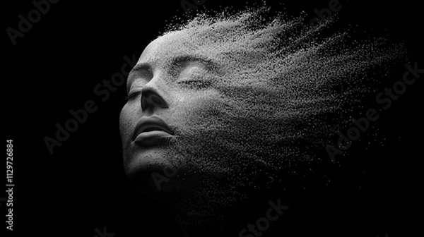 Obraz Woman's face disintegrating into dust particles against a black background.