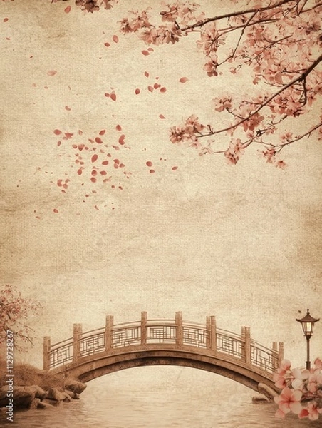 Fototapeta A classic Chinese art background with soft beige textured paper, The top has cherry blossom petals falling
