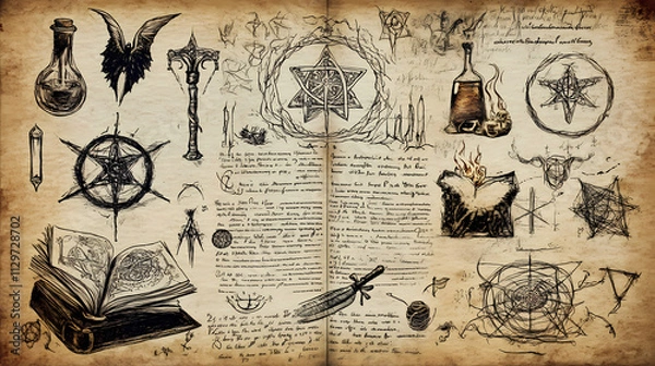 Fototapeta Hand drawn halloween illustration of old page with wicca and mystic symbols from witch magic spell book. gothic, occult and esoteric background. Alchemy. Illustration