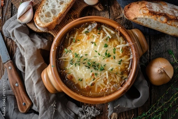 Fototapeta French onion soup with cheese baguette and thyme on rustic wooden table top view
