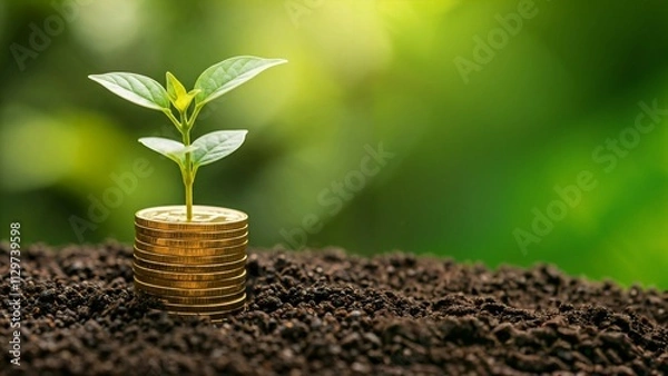 Fototapeta A young plant growing from a stack of coins on fertile soil with a green bokeh background.