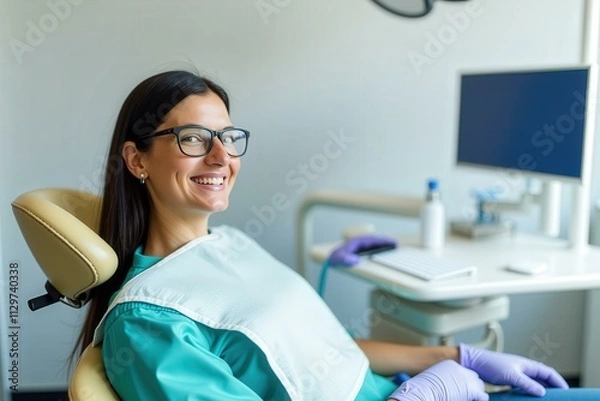 Fototapeta Dental Clinic Experience: Smiling Patient in Comfortable Chair, Ready for Procedure