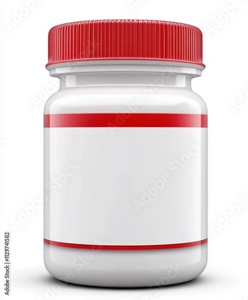 Fototapeta Cylindrical White Plastic Container With Red Lid For Food Or Supplement Storage