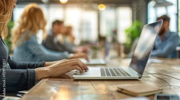 Fototapeta Remote Work Hub: A flexible workspace for remote employees, offering high-speed internet, meeting rooms, and collaborative areas for productive work.
