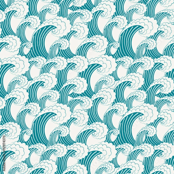 Fototapeta Hand drawn vector seamless pattern. Modern stylish blue background with structure of repeating big waves during the storm. Illustration in traditional Japanese style.