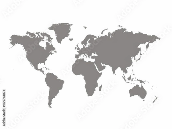 Fototapeta This vector map displays the entire world in a sleek gray color illustrating the geographical outlines of continents and countries against a pure white backdrop ideal for various design projects.