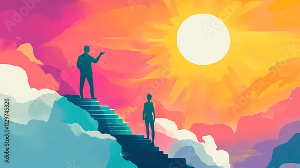 Obraz A mentor coaching an individual to success, with symbolic steps and a rising sun. Nirvana. Illustration