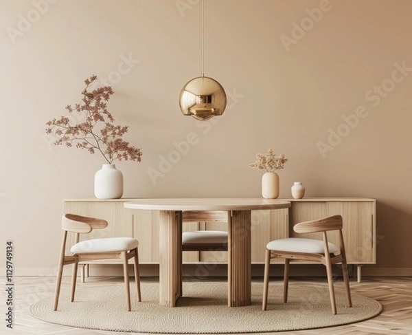 Fototapeta Minimalist dining room with a round wooden table. two chairs. a sideboard. and a gold pendant light