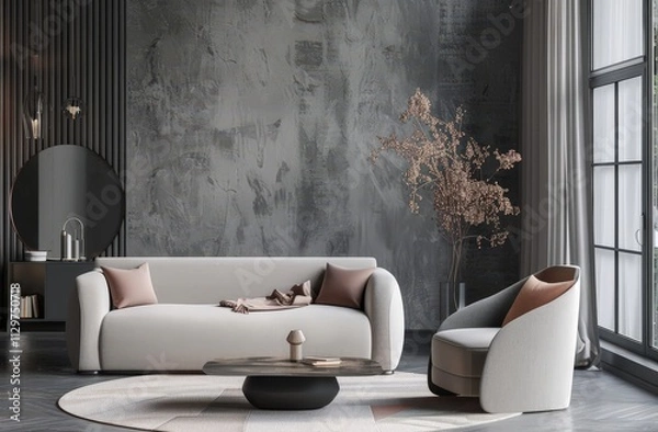 Fototapeta A modern living room with a white sofa. an armchair. a round coffee table. a rug. and a large window