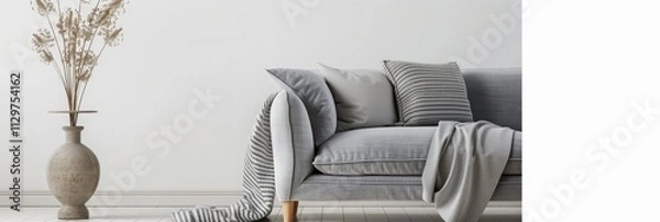 Fototapeta Gray sofa with throw blanket and pillows in a minimalist living room with a vase and dried flowers