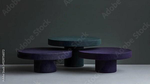 Obraz Three round textured purple and teal pedestals on grey background.