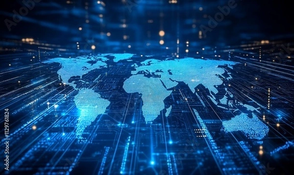 Fototapeta Global network connection, digital world map.