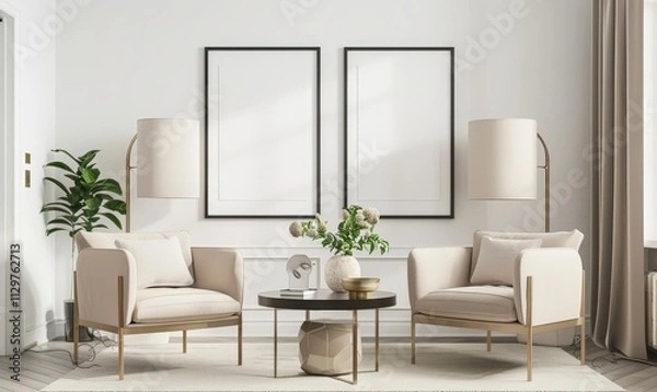 Fototapeta Two beige armchairs with gold trim face a round coffee table in a minimalist living room There are two black framed pictures on the wall behind them. and two lamps on either side of the chairs A rug c