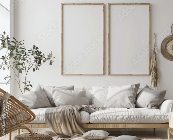 Fototapeta Minimalist living room with a white sofa. a wicker armchair. two blank frames. a plant. and a throw blanket