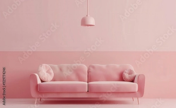 Fototapeta A pink sofa with a single light fixture in a pink room