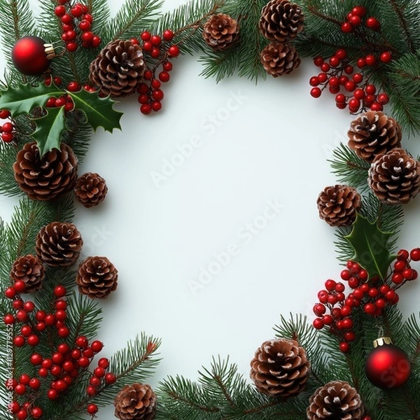 Fototapeta Festive Christmas border design. Pine branches, pine cones, red berries, holly, festive decorations create rustic holiday frame against white background. Minimalist arrangement of natural elements