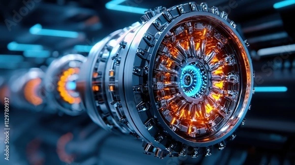 Fototapeta Futuristic engine design with glowing elements, showcasing advanced technology and intricate mechanical details in a sleek environment.