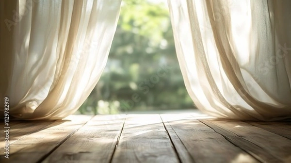 Obraz Sunlit Wooden Table Top with Blurred Curtains in Soft Breeze