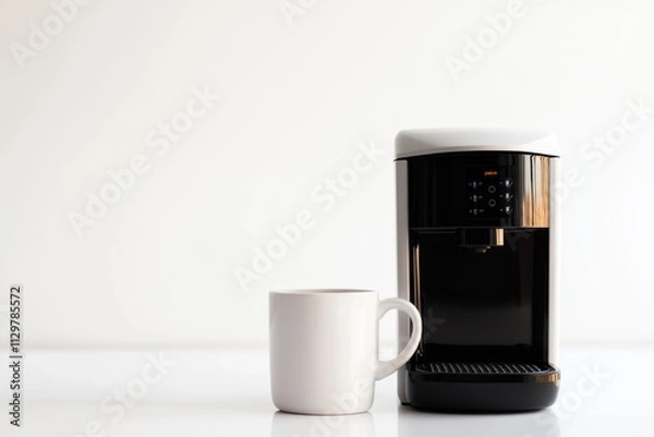 Fototapeta Modern Coffee Machine and Mug on White Background: A Minimalist Home Beverage Setup