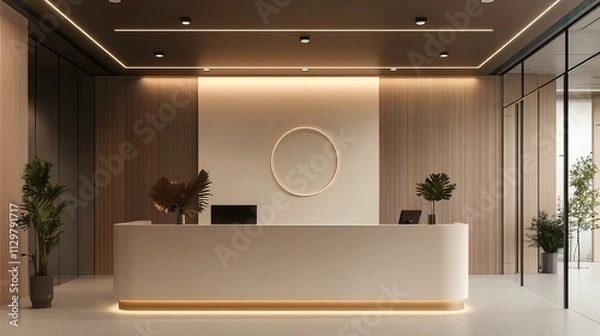 Obraz Modern minimalist beige reception desk in a contemporary office lobby with wood paneling, plants, and a circular logo space.