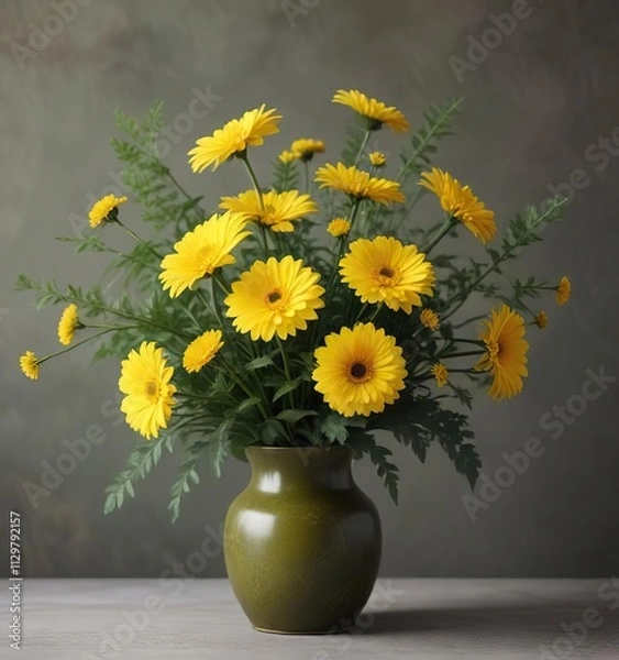 Fototapeta Soft focus of a group of yellow chrysanthemum flowers arranged in a vase with branches and greenery , branches, flower details
