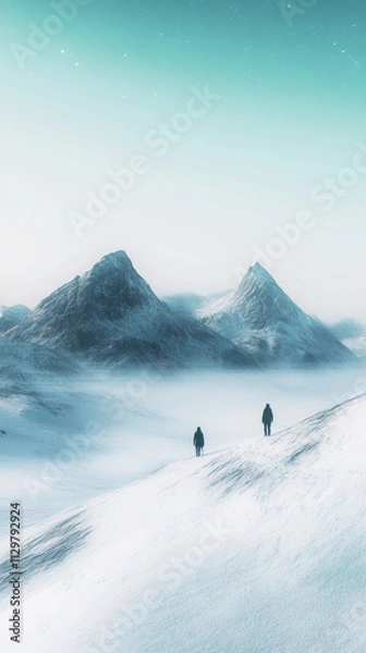 Fototapeta Snowy Mountains, Winter Solitude, Two Hikers, 3D Rendering, Background
