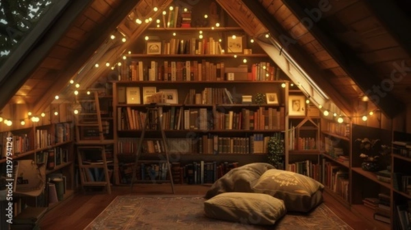 Fototapeta A cozy attic library with low wooden shelves, a floor cushion