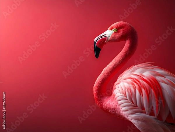 Fototapeta A striking close-up of a flamingo against a vibrant red backdrop, showcasing its unique features and colors.