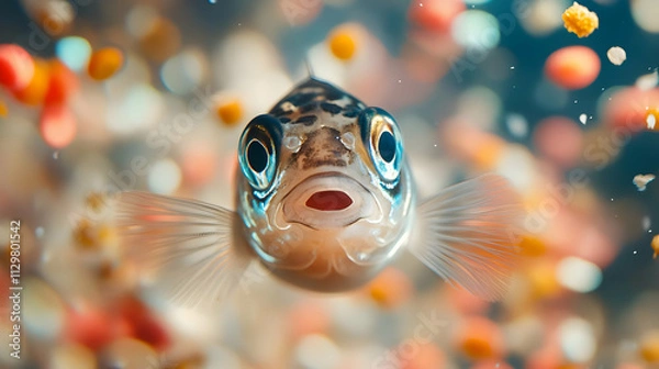 Fototapeta A vibrant underwater scene featuring a colorful fish swimming among bubbles and particles in clear water.