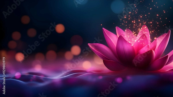 Fototapeta A vibrant pink lotus flower blossoms amidst sparkling lights, creating a serene and magical atmosphere.