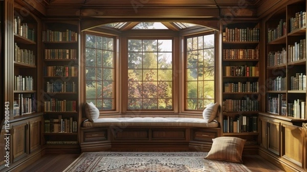 Obraz A home library with built-in wooden shelves, a large bay window