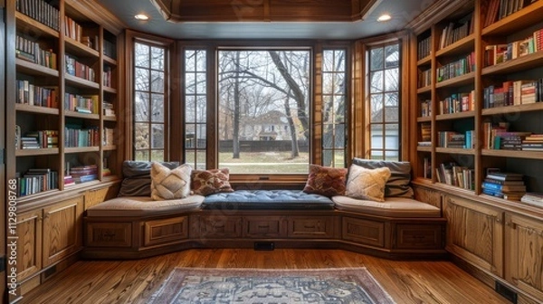 Fototapeta A home library with built-in wooden shelves, a large bay window