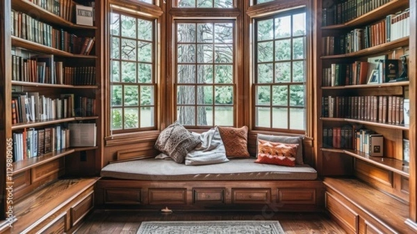Obraz A home library with built-in wooden shelves, a large bay window